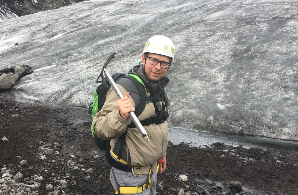 Joe Mutschelknaus seen hiking a glacier in Iceland.